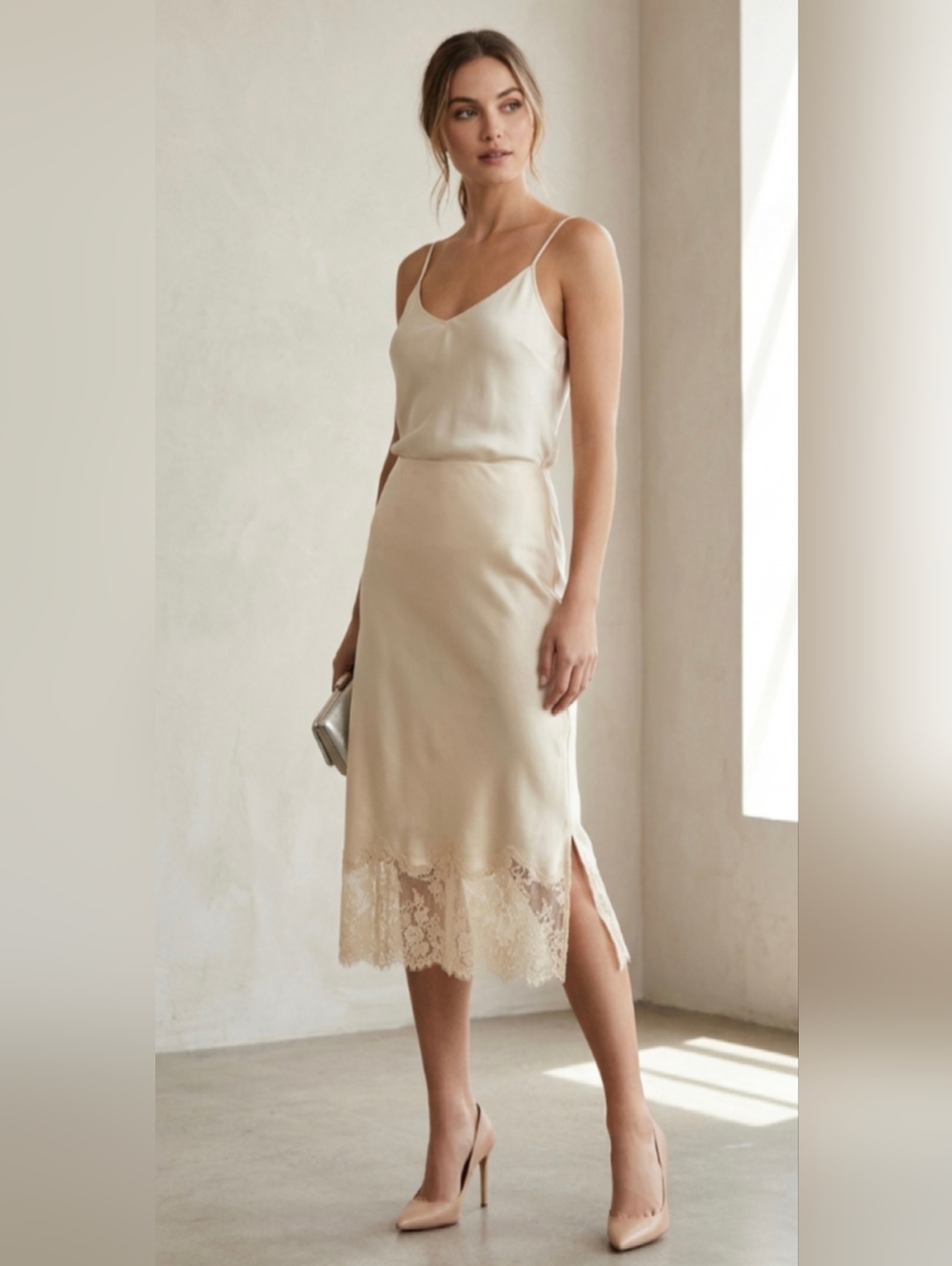 JOIE Cream Lace Satin Slip Trim Skirt Midi Size M